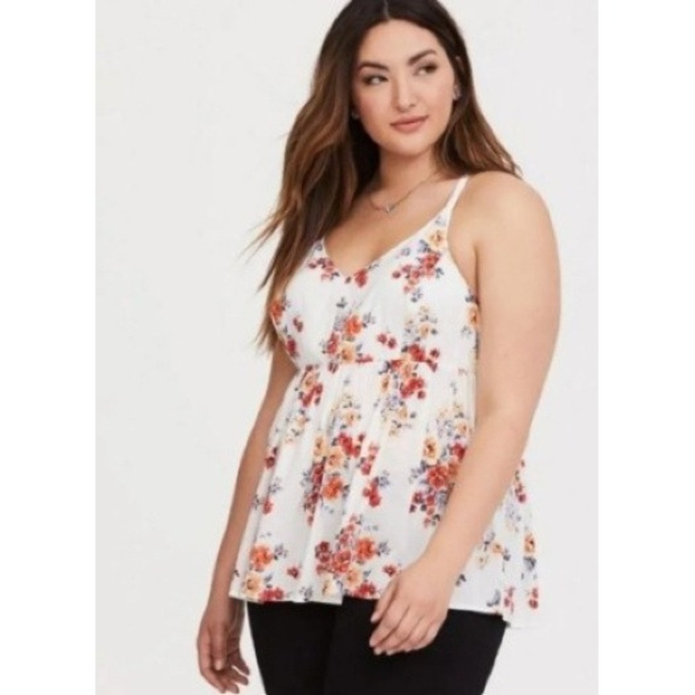 Torrid Fanciful Floral Smocked Criss Cross Babydoll Cami Top White 00 M/L 10